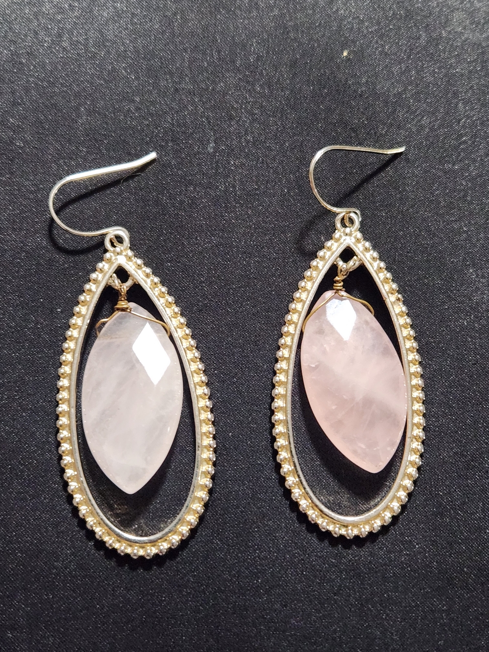 Pale Pink Quartz Teardrop Dangle Earrings Wire Wrapped Gold Beaded Open Frame